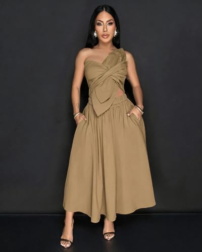 Image of YUEWOO Midi Dresses for Women Casual Summer Sundresses Vacation Outfits Spaghetti Strap Smocked Women Maxi Dress with Pockets