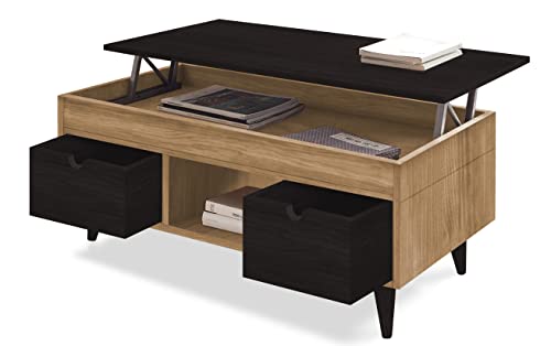 HOGAR24 ES Scala - Mesa Centro Elevable Madera Maciza Natural, Combinado Color Madera Encerada y Negro. Medidas: 100cm x 50cm x 47cm.