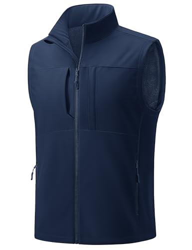 TACVASEN Men's Lightweight Vests Outerwear Windproof Softshell Fleece Lined Zip Pockets Sports Sleeveless Jacket for Men Navy L