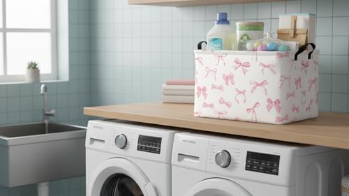 Image of Rectangle Storage Basket with Handles,Waterproof Books Bin,Gift Basket,Room Decor(Pink Bowknot)