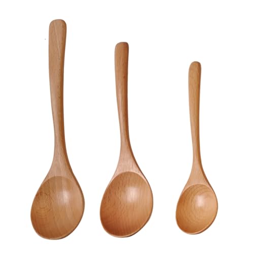 MUCKLILY 3Pcs Wooden Spoons Long Handle Soup and Porridge Spoons for Kitchen Use for Adults for Serving Honey Rice and Condiments