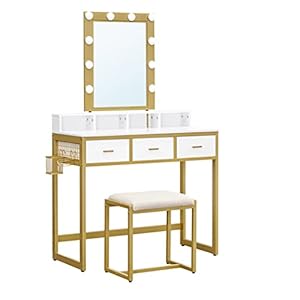 VASAGLE kaptafel, kaptafel met krukje, cosmeticatafel, 10 LED lampen, spiegel, regelbare helderheid, voor slaapkamer…