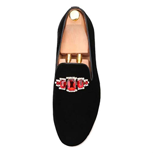 FERUCCI Handmade Men Black Velvet with Red Crystal Brooch Slippers Loafers Flats