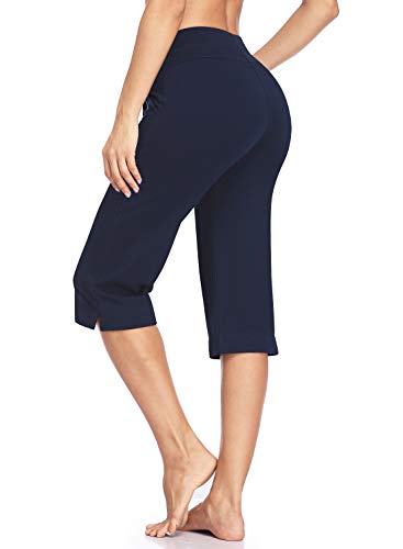 Hiskywin 17" Inseam Women's Straight Leg Yoga Capri Workout Pants With Side & Zip Pockets F21-Dark Blue-S #TOP4