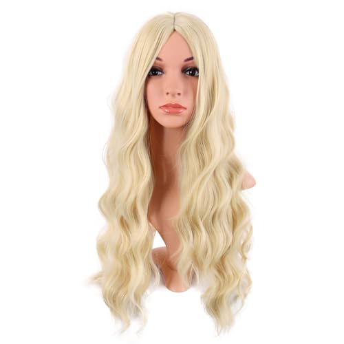MapofBeauty 28 Inch/70 cm Long Wavy Middle Part with No Bangs Synthetic Fiber Curly Fashion Women Party Cosplay Wig (Mixed Blonde)