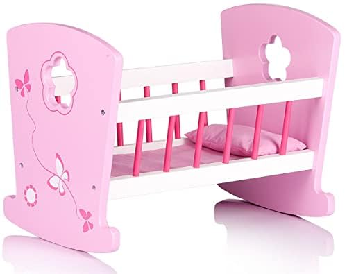 Cuna Mecedora de Madera Rosa 46x28x34 cm con Almohada y Edredón | Ropa de cama incluida, edredón más almohada, movimiento de balancín, accesorio para cuidar muñecas durante el juego