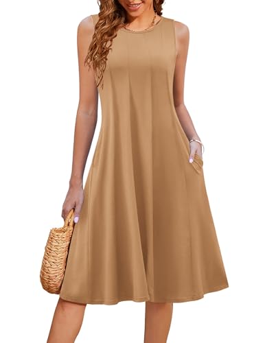 Image of HOTOUCH Summer Casual Dresses for Women Sleeveless Midi Dress Swing Tank Sundress Pleated Tshirt Dress with Pockets