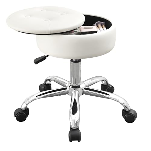 Xenothos Ottoman Swivel Vanity Stool Chair with Storage for Makeup Room Stool for Vanity Chair with Wheels Height Adjustable Faux Leather White