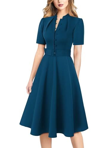 Image of VFSHOW Womens 2024 Business Work Office Pockets Belted Buttons Elegant Fit and Flare A-Line Dress