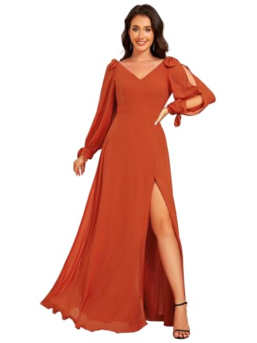 Image of Ever-Pretty Women's Fall Winter Formal Wedding Guest Dress Long Sleeve V Neck Chiffon Floor Length Bridesmaid Dresses 80116