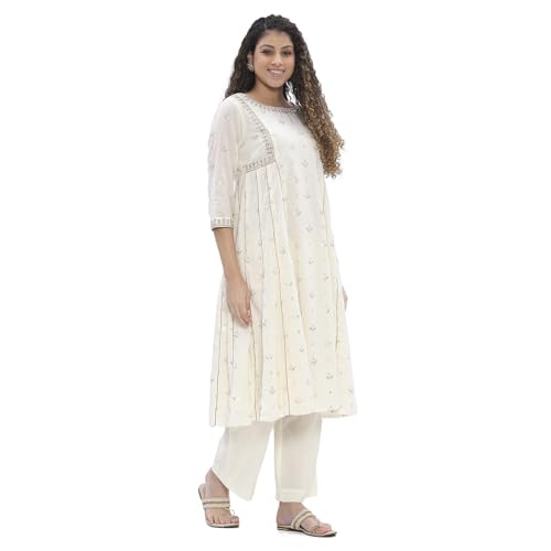 Image of Biba Women 100% Cotton 3 /4 Sleeve Round Neck Kalidar Printed Suit Set