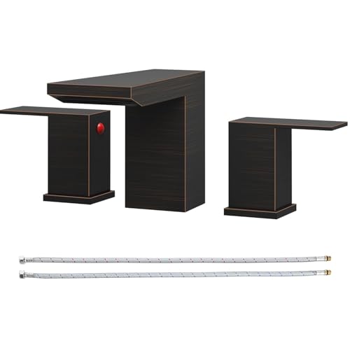 BESy Grifo de baño de 3 agujeros, dos asas, grifo de lavabo de lavabo de 8 pulgadas, grifo de lavabo de baño de cascada con mangueras de suministro, grifos mezcladores, bronce aceitado