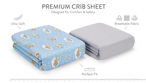 Image of 2 Pack Fitted Crib Sheets for Boys in 100% Jersey Knit Cotton - Blue and Yellow Precious Moments Design Plus Solid Gray Boy's Crib Mattress Sheets by Everyday Kids