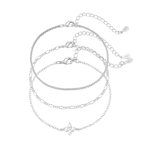 Diorra 3 Stück Armband Damen Silber, 925 Sterling Silber Armband Set Verstellbare Stapelbare Figaro Perlen Ketten Armbänder Schmuck Geschenke für Frauen
