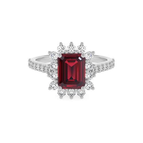 Lab Grown Ruby Emerald-Cut Engagement Solitaire Ring with Diamond Halo for Women in Silver/Gold, July Birthstone Jewelry Gifts for Her Birthday, Anniversary, Wedding, Christmas, Mothers Day