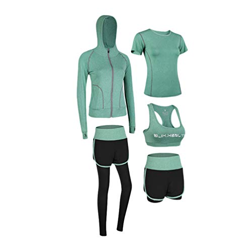 LucaSng Damen Trainingsanzug-Sets Sportanzug-Set Schnelltrocknend Laufen Joggen Fitness Workout Laufbekleidung 5er-Set Damen Yoga-Bekleidung Sportbekleidung-Sets (Grün 5 Stück, 3XL)