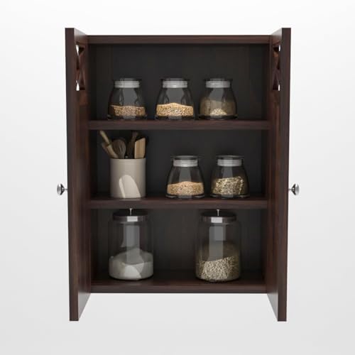 Image of Sheesham Wood Kitchen Cabinet for Home | Wall Mounted Kitchen Rack with Storage | Wooden Kitchen Unit /Organizer with 2 Door Cabinet Furniture with Storage | (Walnut Finish)