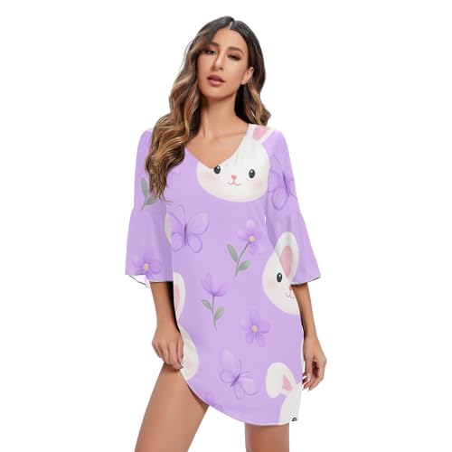 Robe d'ete en mousseline de soie imprimée motif lapin papillon violet