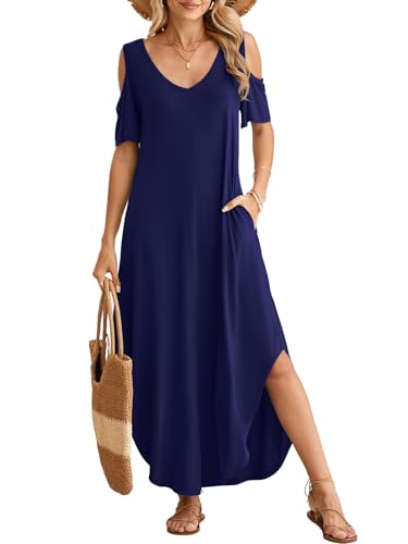 Image of BELAROI Womens Cold Shoulder Maxi Dress Plus Size V Neck Summer Sundresses with Pockets Beach Coverup Vacation Outfits