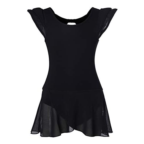 DANSHOW Girls’ Ballet Dance Leotards with Flutter Sleeve Petal Skirt and Bowknot Back Black 4-6 Years