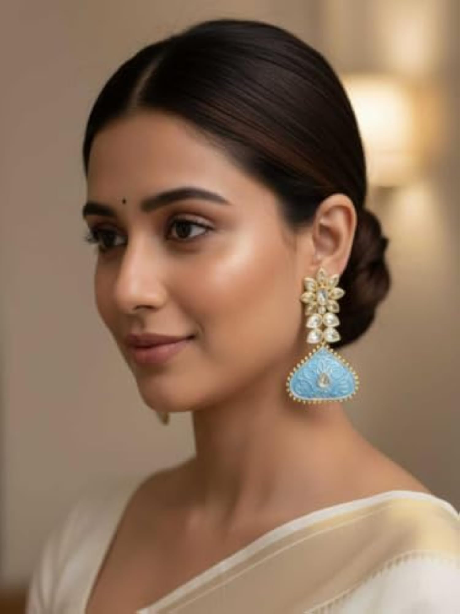 Women's Gold-Toned Blue Enamel Crystal Floral Drop Earrings