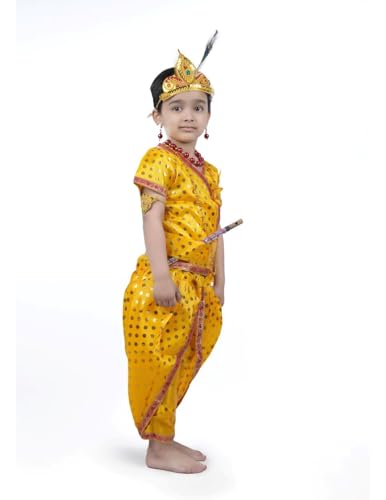 Image of BookMyCostume Shri Krishna Kanha Kanhaiya Polka Dots Kids Fancy Dress Costume 10 Pcs Set with Accessories 14-16 Years /Adult S,Golden /Yellow,Polyester