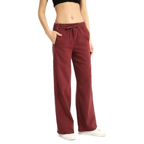 Women's Elastic Waist Wide Leg Pants High Waist Tummy Control Straight Leg Drawstring Lounge Sweat Jeans with Pocke2