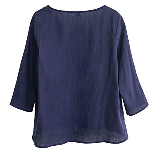 Amazhiyu Women's Linen 3/4 Sleeve Blouse Crew Neck Summer Casual Tops Loose Fit3
