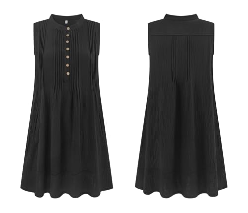 Image of R.Vivimos Sleeveless Cotton Casual Dresses for Women Summer 2026 Button Up Ruched Loose Tunic Mini Dress with Pockets