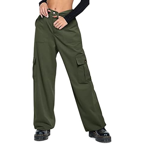 CUGOAO Cargo Pants Women Baggy, Parachute Pants with 6 Pockets Wide Leg Drawstring Ankle Cuffs Casual Pants Green Cover