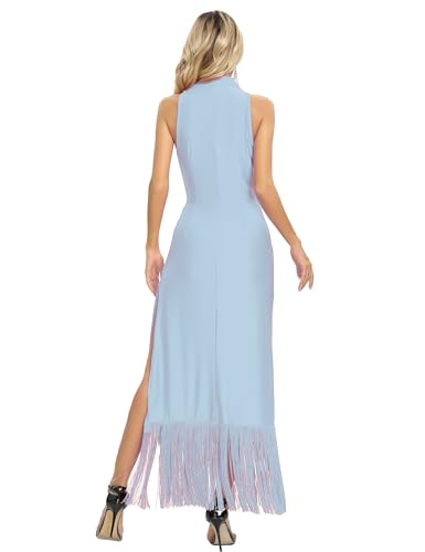 Image of Aigeman Women Vintage Flapper Dresses 1920s Great Gatsby Halter Fringed Maxi Dress Tassels High Split Formal Dress 19