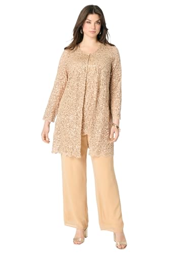 Roaman's Women's Plus Size Sequined Lace Jacket Pant Set