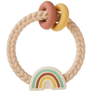 Itzy Ritzy Silicone Teether with Rattle; Rattle Teether Features Rattle Sound, Two Silicone Teething Rings and Raised Texture to Soothe Gums; Ages 3 Months and Up (Neutral Rainbow)