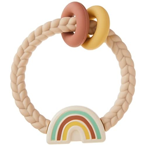 Itzy Ritzy Silicone Teether with Rattle; Rattle Teether Features Rattle Sound, Two Silicone Teething Rings and Raised Texture to Soothe Gums; Ages 3 Months and Up (Neutral Rainbow)