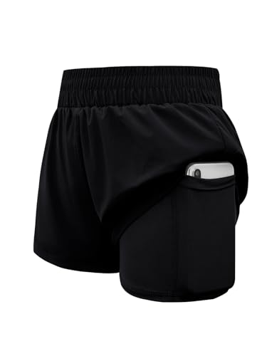 Haloumoning Girls Athletic Shorts High Waist Elastic 2 in 1 Running Shorts with Side Pockets 5-14 Years Black