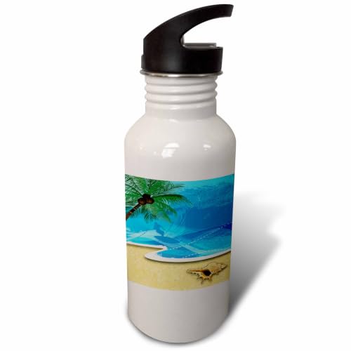3dRose Beach Scene with A Palm Tree, Sea Shell and Surfer Sports Water Bottle, 21 oz, White