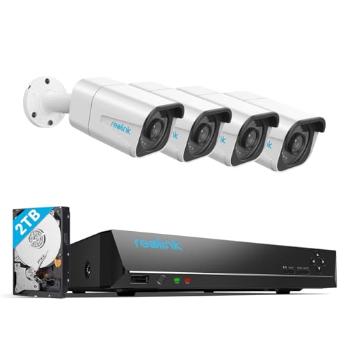 Reolink 4K PoE Security CCTV Camera System H.265, 4pcs 8MP IP Cameras with Person/Vehicle Detection and 8CH NVR with 2TB HDD for 24/7 Recording Night Vision Audio, RLK8-800B4 White