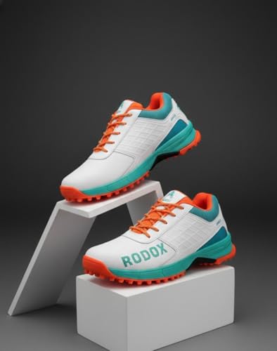 Image of RODOX Cricket Shoes with TPU Shank Rubber Outsole with Multidirectional Grip White Grey