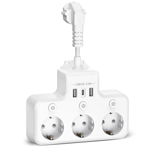 Afitdon Regletas Enchufes USB C Enchufe Multiple 3 Tomas Ladron Enchufes USB Regleta con Interruptores Individuales Enchufe USB 7 en 1 Adaptador Enchufe con 2 USB A y 1 USB C