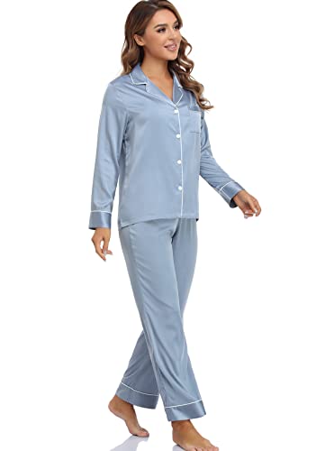 Image of Serenedelicacy Women's Satin Pajama Set Long Sleeve Button Down Sleepwear 2-Piece Silky Pj Set
