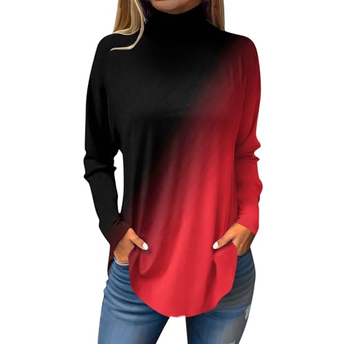ovticza Turtle Necks Tops For Women Plus Size Fall Loose Fit Tee Shirt Long Sleeve Turtleneck Trendy 2025 Gradient Print Long Sleeve Shirts For Women Fall Turtle Neck Casual Dressy Blouses Red M