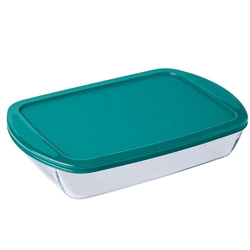 Pyrex - Plat à Four 40x27- Plat en Verre avec Couvercle Rectangulaire Vert - Profond et Empilable...