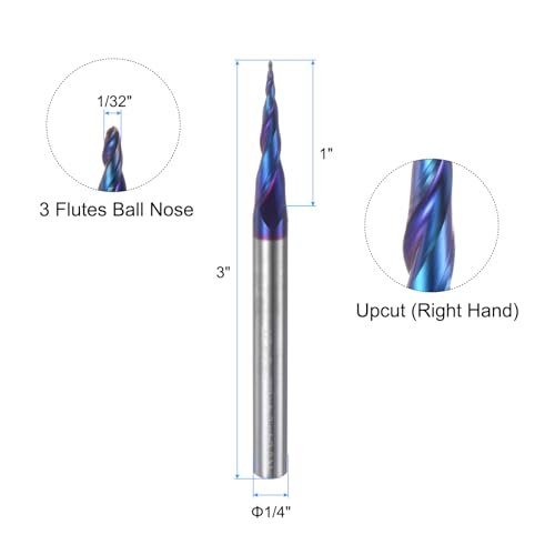 Image of uxcell Tapered Ball Nose End Mill CNC Router Bit, 1 /64 inch Radius 1 /4 inch Shank Solid Carbide Nano Coated Upcut Spiral 2 Flutes Cutter Milling Tool, 1 /32 inch Dia 3 inch Total Length