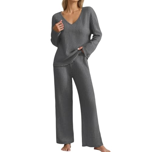 Traje de punto de dos piezas para mujer, traje de ocio, cuello de pico, traje de pantalón, manga larga, jersey de punto acanalado + pantalón recto, traje de deporte, traje de casa suave, conjunto de