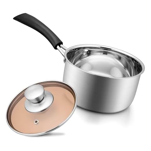 18/10 Stainless Steel Saucepan, Joyfair Small Sauce Pan Milk Pot with Glass Lid for Cooking Stewing Boiling Spaghetti Soup, Extra Pan Wall & Heat-proof Bakelite Handle, Dishwasher Safe (2 Quarts) Cover