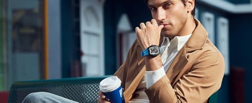Image of TSAR BOMBA Men's Automatic Watch Tonneau Luxury Skeleton Watches for Men Mechanical 50M Waterproof Analogue Watches Mens Unique Cool Square Big Face Dial Wristwatch with Silicone Strap Band