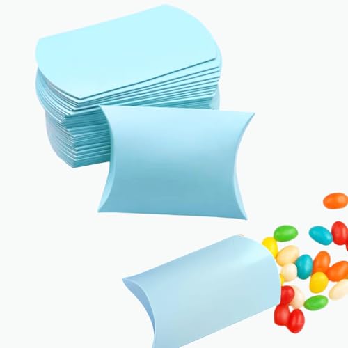 icyhey 50 Pcs Light Blue Kraft Paper Pillow Boxes, Mini Folding Treat Boxes