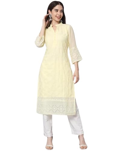Image of Ekasya Women's Georgette Embroidered Work Kurta with Notch Neck 3 /4 Sleeves Straight Cut Calf Length | E1547