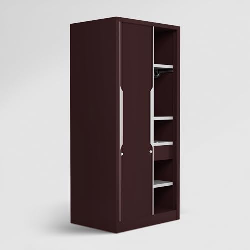 Image of Interio by Godrej Almirah Slide N Store Compact Plus 2-Door Steel Sliding Wardrobe for Clothes (Textured Shell Wine Red), 1-Year Warranty, 7 Shelves, 1 Drawer