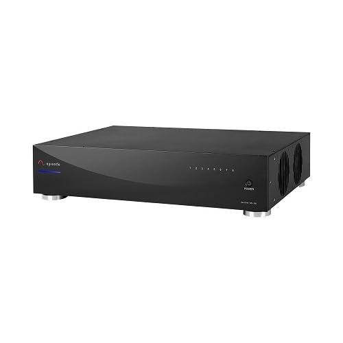Úhlové view of the EA-DYN-16D-100 amplifier, showing its sleek black chassis and front panel.
